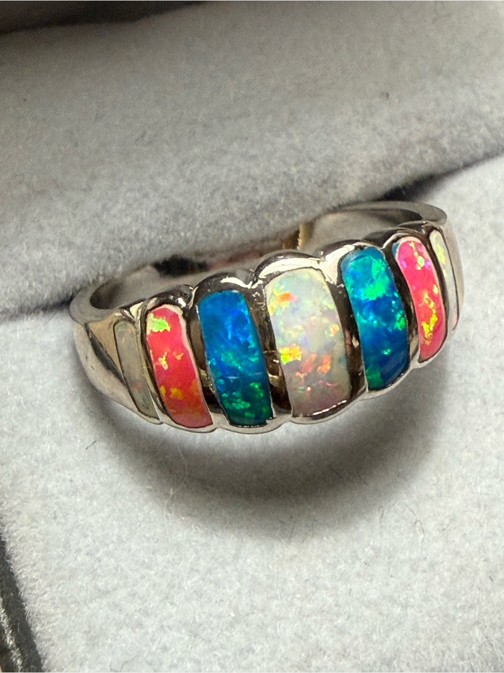 Sterling Silver Multi-Opal Inlay Band Ring - Pink, Blue, White